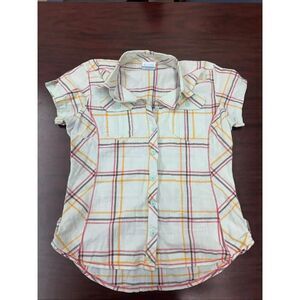 Columbia Plaid Cream Colored Plaid Button Up Short Sleeve Shirt Size Medium